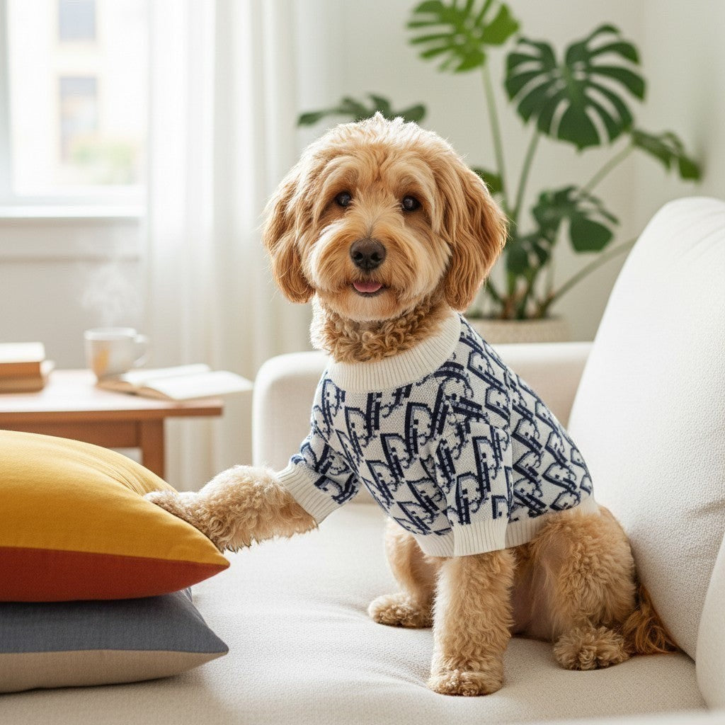 The Spoiled Pet Club Highlands Sweater featuring a white and navy blue patterned knit design on a cute goldendoodle.