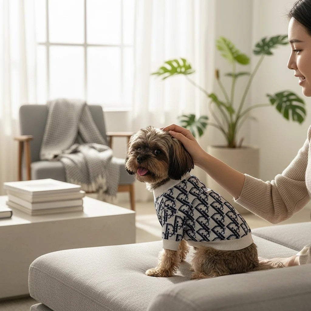 The Spoiled Pet Club Highlands Sweater, a white and navy patterned cotton dog shirt worn by a small dog on a sofa.