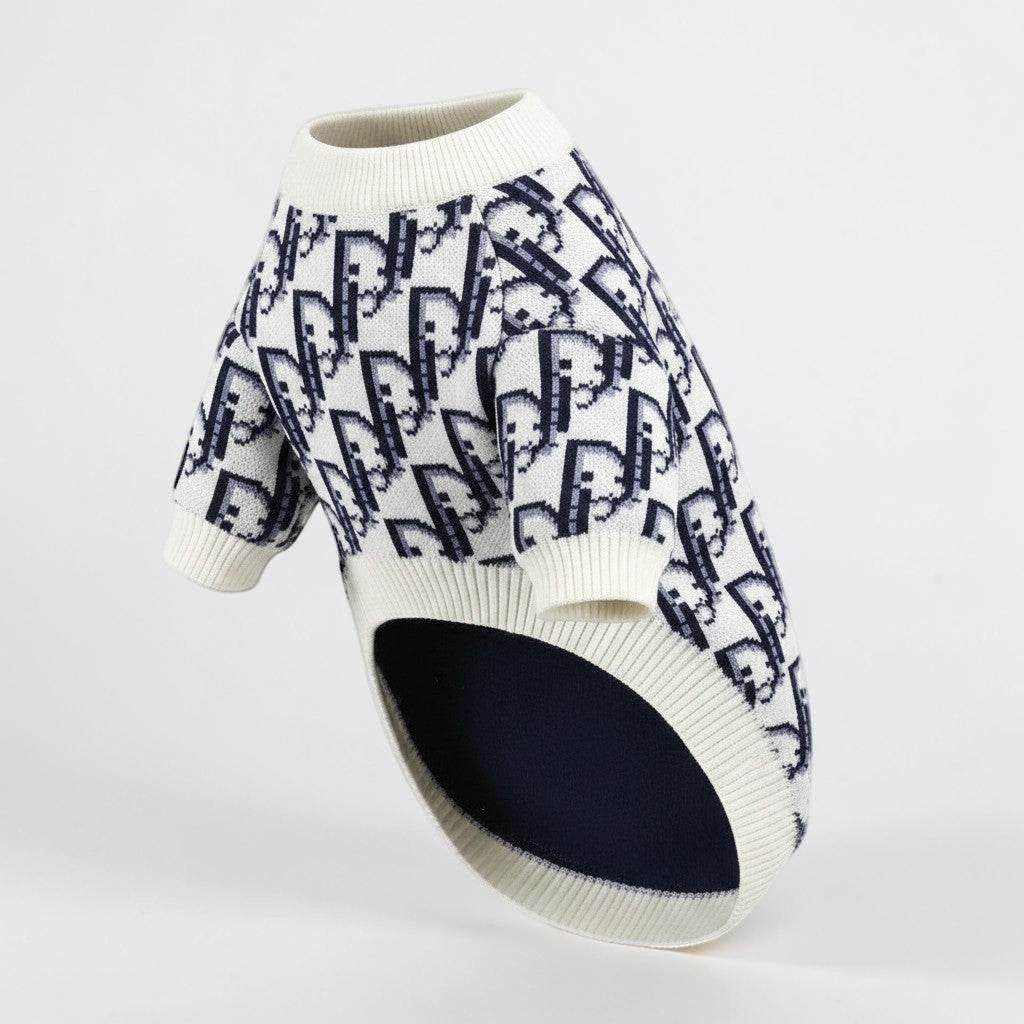 The Spoiled Pet Club Highlands Sweater in white and navy blue with a designer-inspired monogram knit pattern.