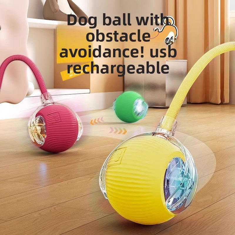 The Spoiled Pet Club interactive rechargeable rolling dog toy balls in yellow, red, and green with obstacle avoidance.