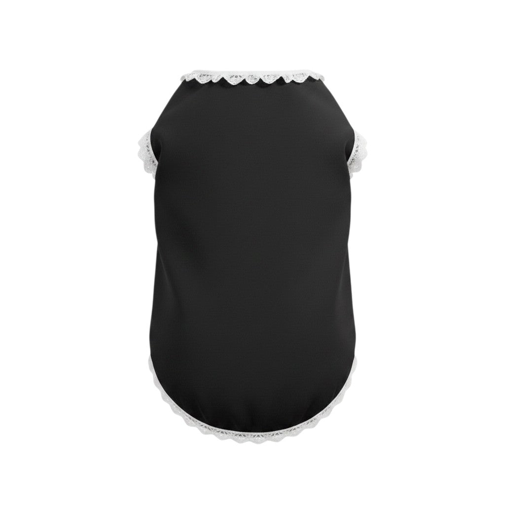 The Spoiled Pet Club black dog vest dress with delicate white lace trim on the collar, sleeves, and hem.