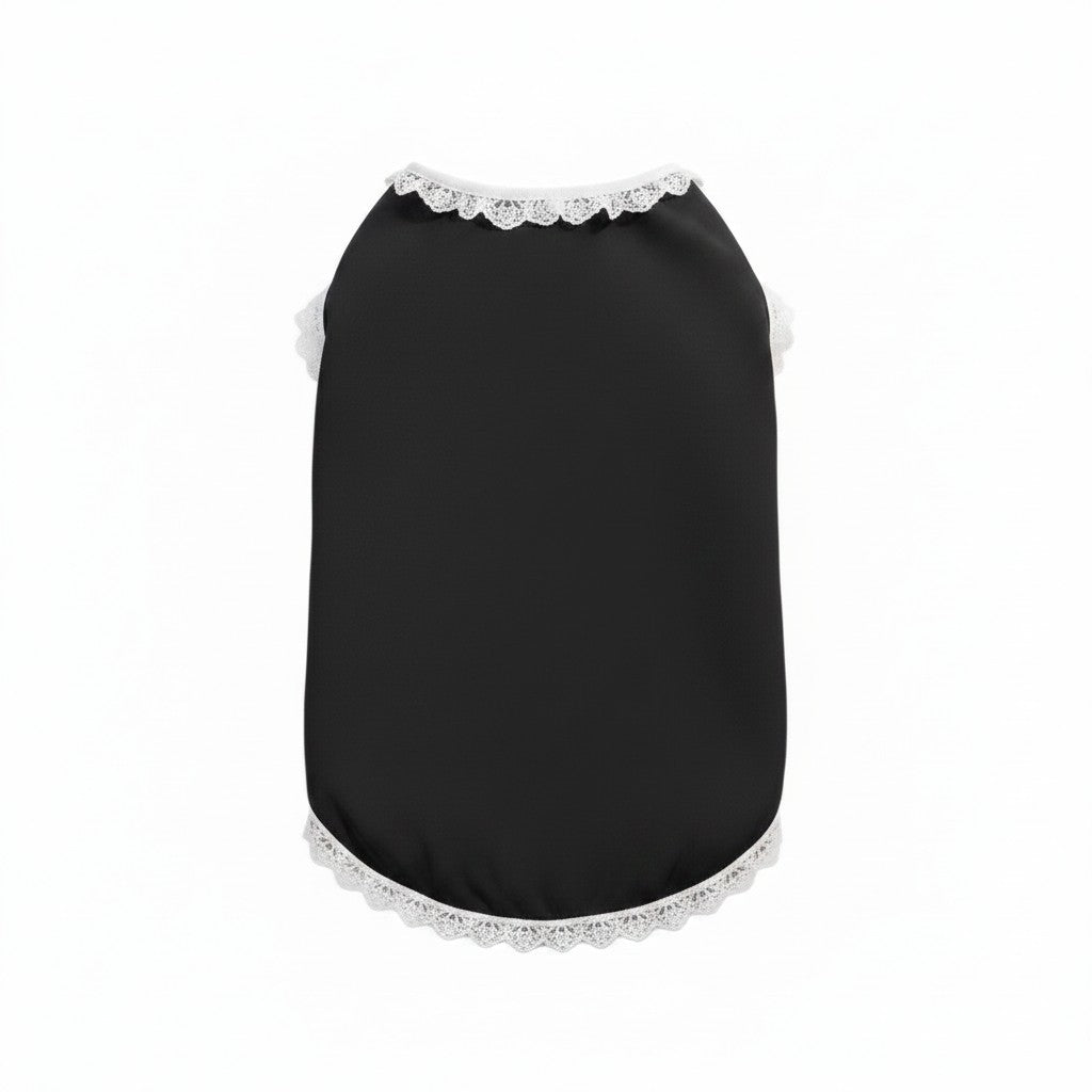 The Spoiled Pet Club Kensington Lace Shirt, a black dog vest dress with delicate white lace trim for elegant pets.