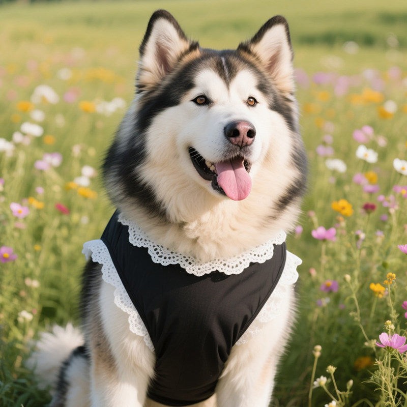 The Spoiled Pet Club Kensington Lace Shirt, a black dog vest with delicate white lace trim worn by a fluffy dog.
