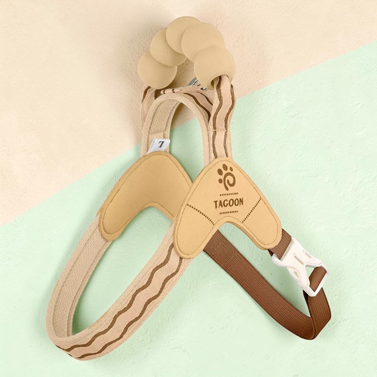 The Spoiled Pet Club Astor dog harness in khaki with a unique cloud-shaped sponge handle and adjustable straps.