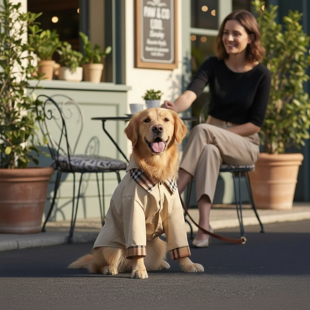 The Spoiled Pet Club khaki dog jacket with plaid collar and cuffs on a Golden Retriever sitting at a cafe.