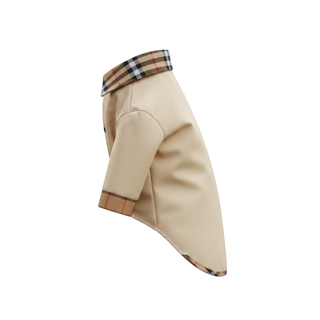 The Spoiled Pet Club khaki dog jacket with plaid collar and cuffs, made from breathable polyester cotton.