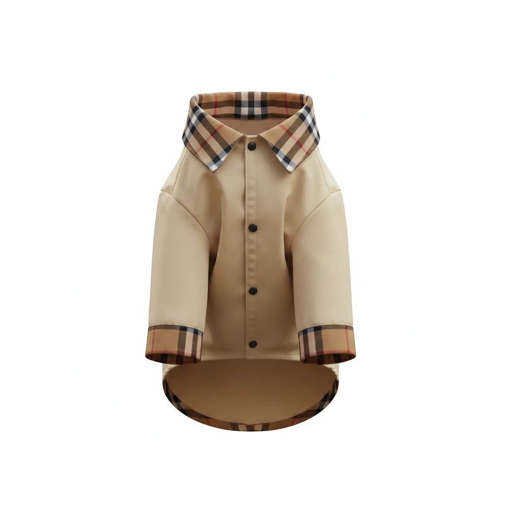The Spoiled Pet Club khaki dog jacket with plaid collar and cuffs, made of breathable polyester cotton.