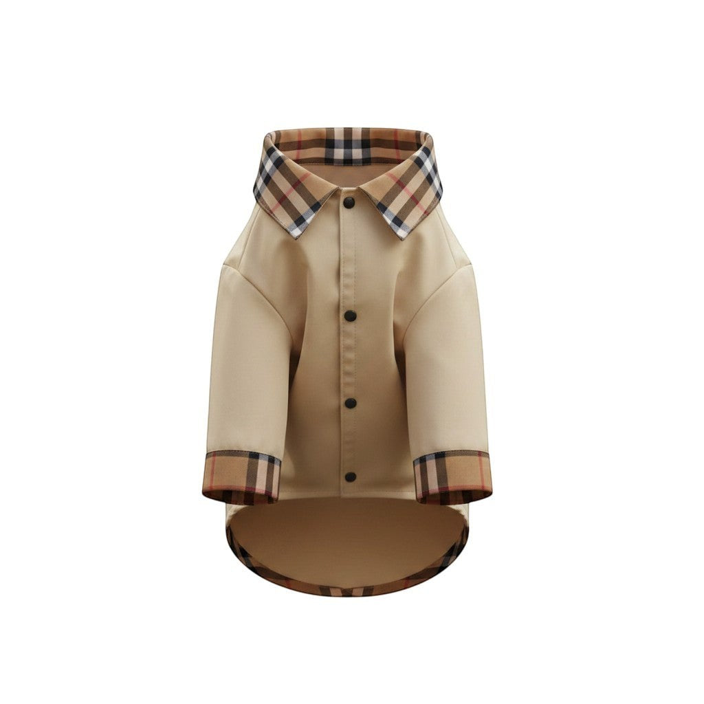 The Spoiled Pet Club khaki dog jacket with plaid collar and cuffs, made of breathable polyester cotton.