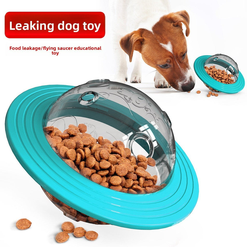 The Spoiled Pet Club lake blue flying saucer dog treat dispenser toy with clear plastic dome for interactive play