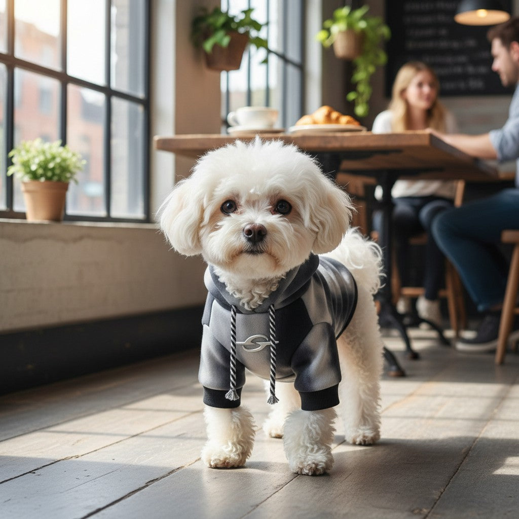 The Spoiled Pet Club Maverick Hoodie in gradient black polyester on a small white dog in a cafe setting.