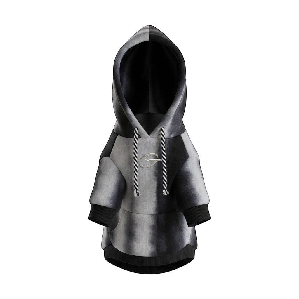 The Spoiled Pet Club Maverick hoodie for dogs in a grey and black gradient tie-dye with striped drawstrings.
