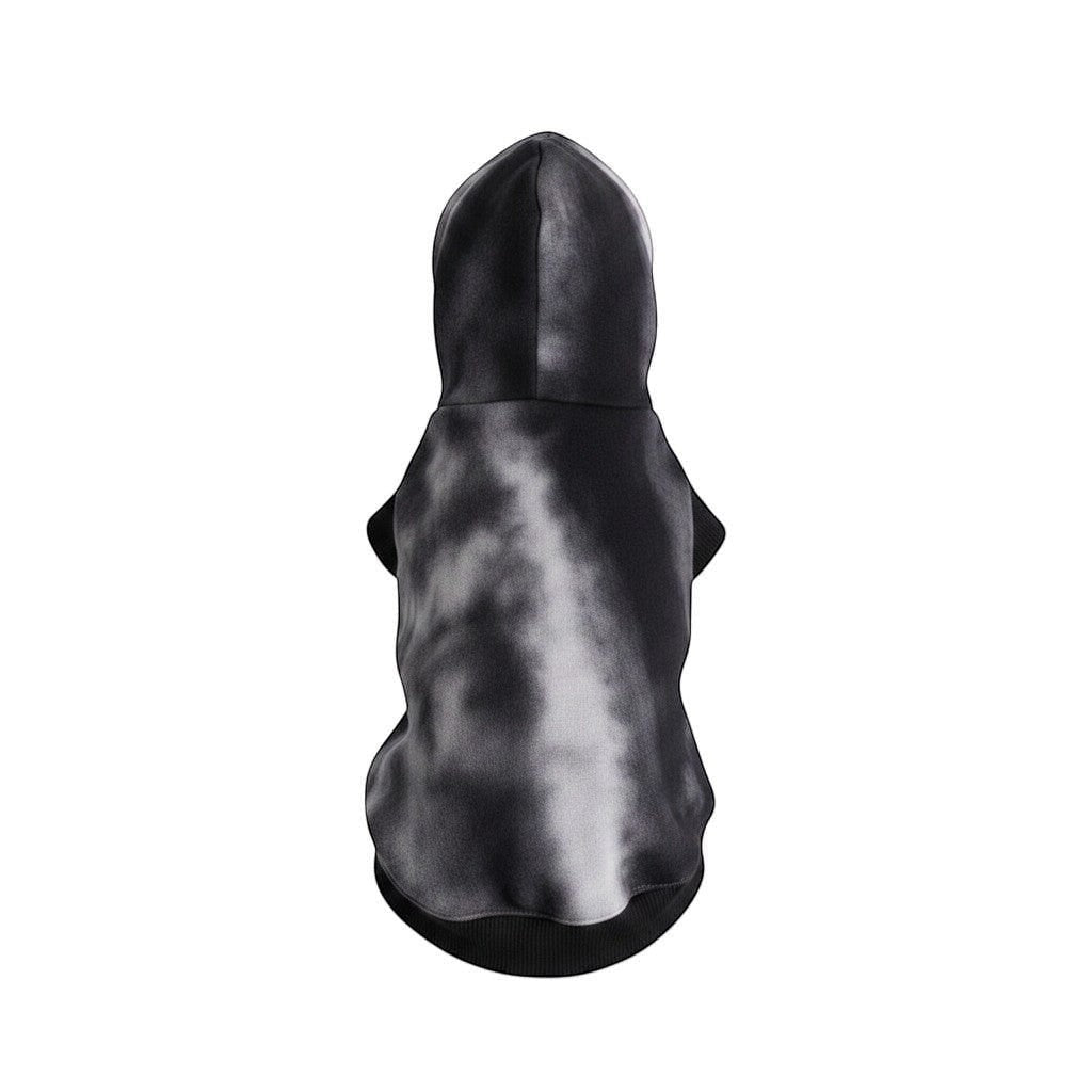 The Spoiled Pet Club Maverick hoodie for dogs in a black and grey gradient tie-dye polyester with a functional hood.
