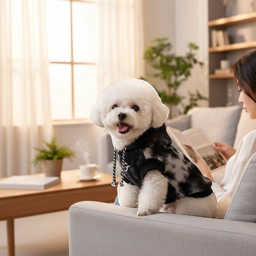 The Spoiled Pet Club Maverick Hoodie in black and grey tie-dye on a small white dog sitting on a sofa.