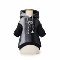 The Spoiled Pet Club Maverick Hoodie in grey and black gradient polyester with striped drawstrings and ribbed cuffs.