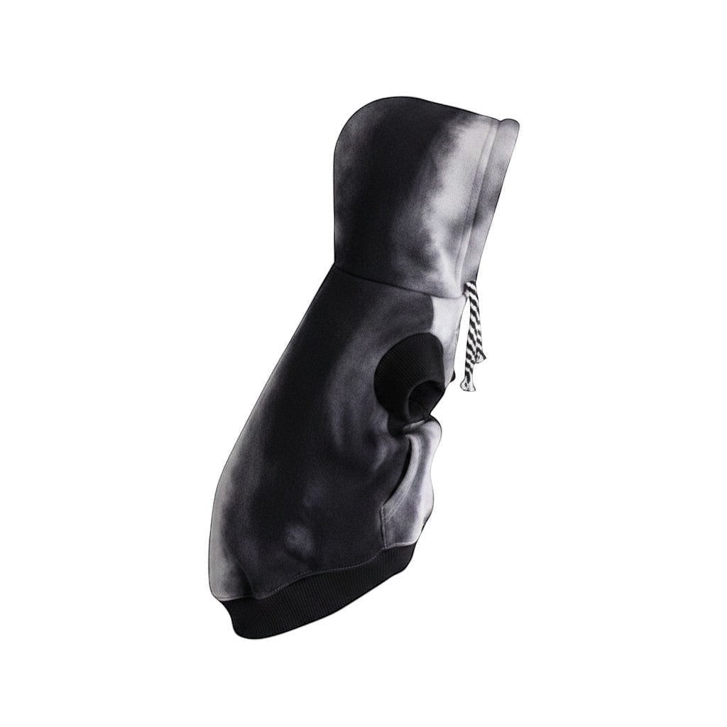 The Spoiled Pet Club Maverick Hoodie in black and grey tie-dye polyester with a functional hood and ribbed hem.