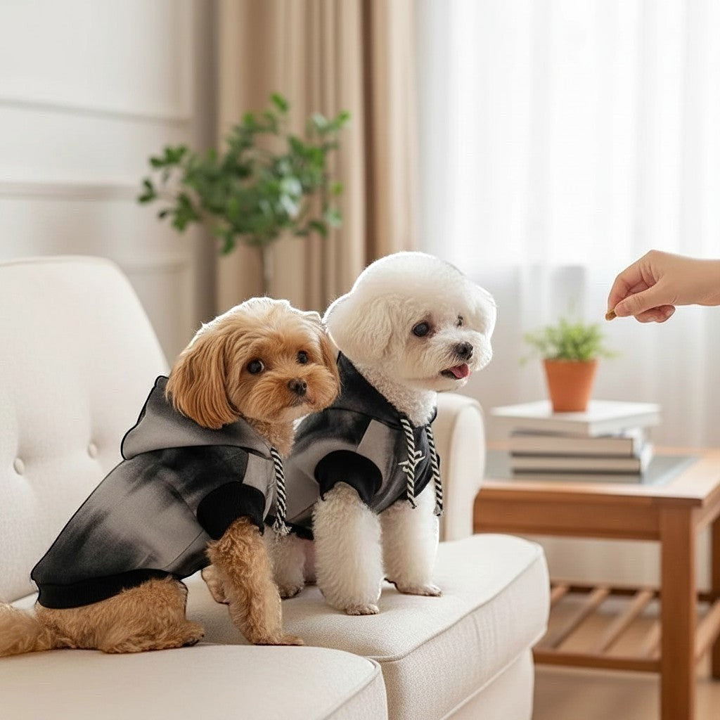 Two small dogs wearing The Spoiled Pet Club Maverick Hoodie in a grey and black tie-dye polyester fabric on a sofa.