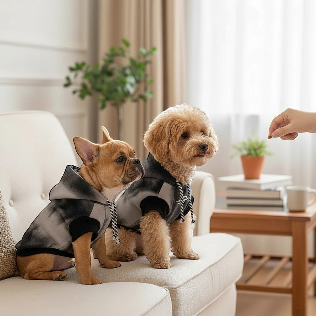 The Spoiled Pet Club Maverick Hoodie in grey and black tie-dye on a French Bulldog and Poodle sitting on a sofa.