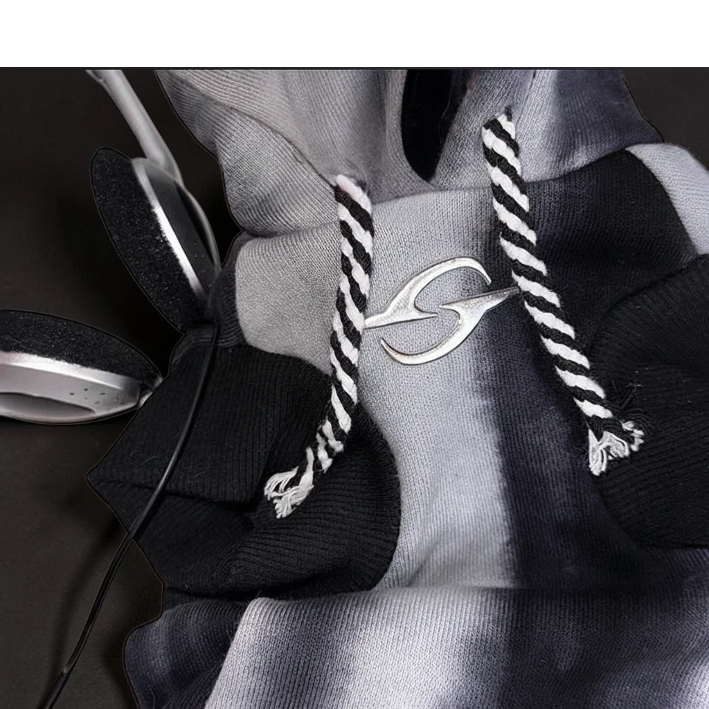 The Spoiled Pet Club Maverick Hoodie in grey and black tie-dye with striped drawstrings and a metallic chest emblem.