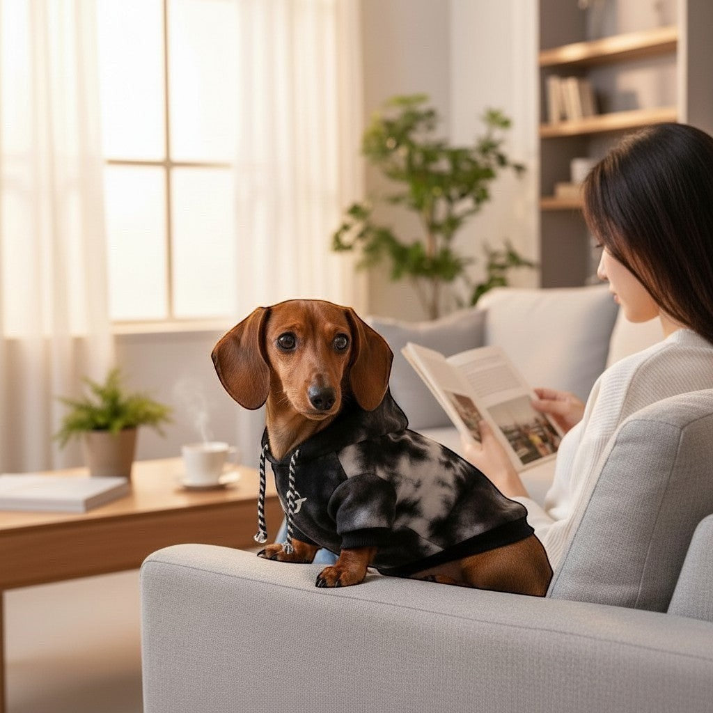 The Spoiled Pet Club Maverick Hoodie in black and grey tie-dye worn by a dachshund sitting on a couch with an owner.