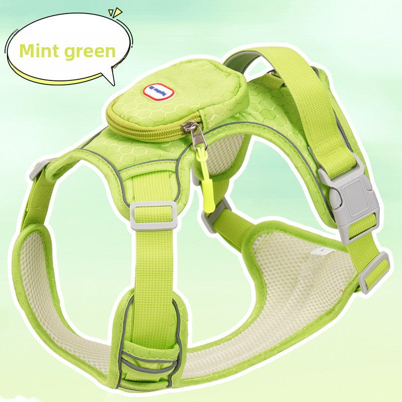 The Spoiled Pet Club mint green breathable dog harness with reflective trim and a small zippered storage pouch