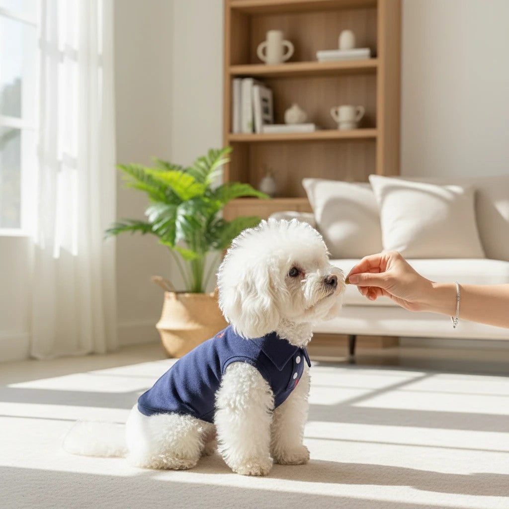 The Spoiled Pet Club navy blue polyester dog vest with embroidered detail and collar