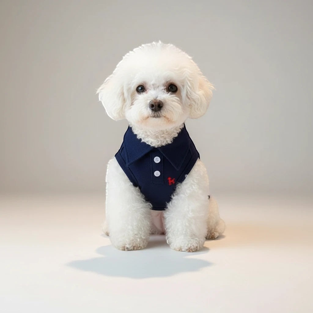 The Spoiled Pet Club navy blue polyester dog vest with red embroidered dog detail and button collar.
