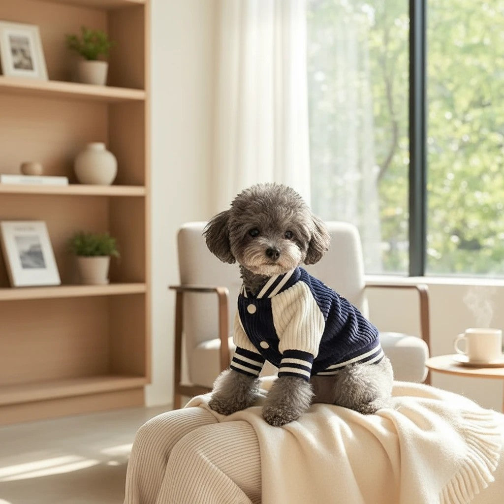 The Spoiled Pet Club navy and cream ribbed knit pullover with stripe detail on a small dog.