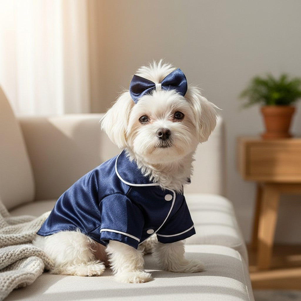 The Spoiled Pet Club navy blue satin dog pajama shirt with white piping and matching bow on a white dog on a sofa.
