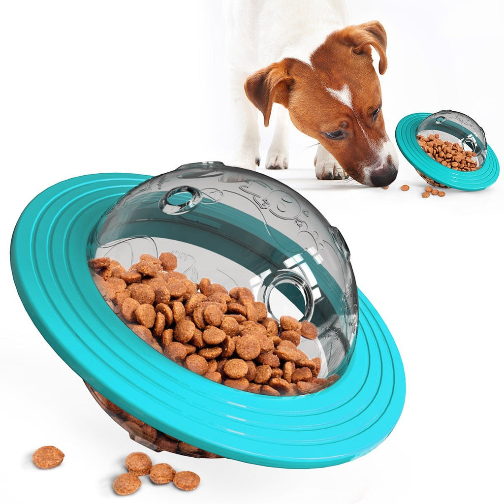 The Spoiled Pet Club Nova Treat Dispenser in lake blue, a durable plastic interactive dog toy with food compartments.