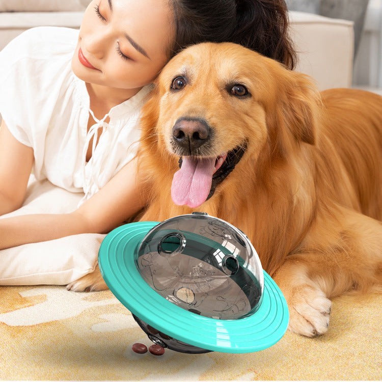The Spoiled Pet Club Nova Treat Dispenser in lake blue, an interactive plastic dog toy with a clear dome.