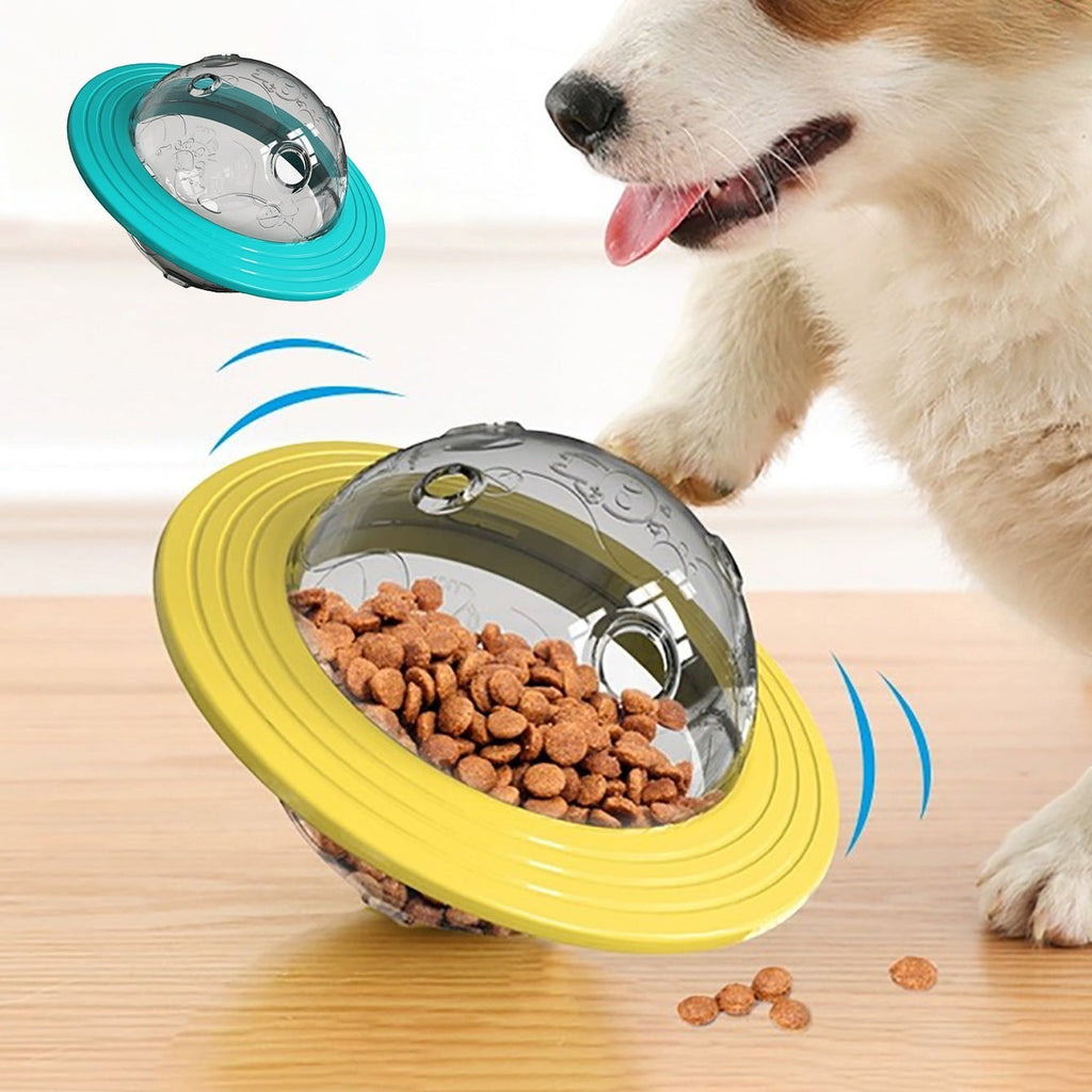 The Spoiled Pet Club Nova Treat Dispenser, a yellow and lake blue interactive plastic dog toy with food compartments.