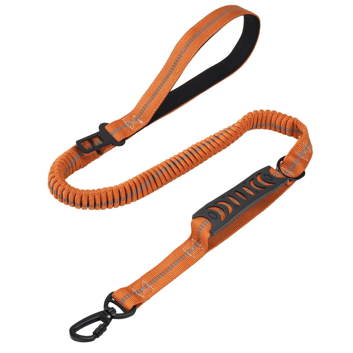 The Spoiled Pet Club orange multifunctional dog leash with shock-absorbing polyester, padded handle, and seatbelt clip.