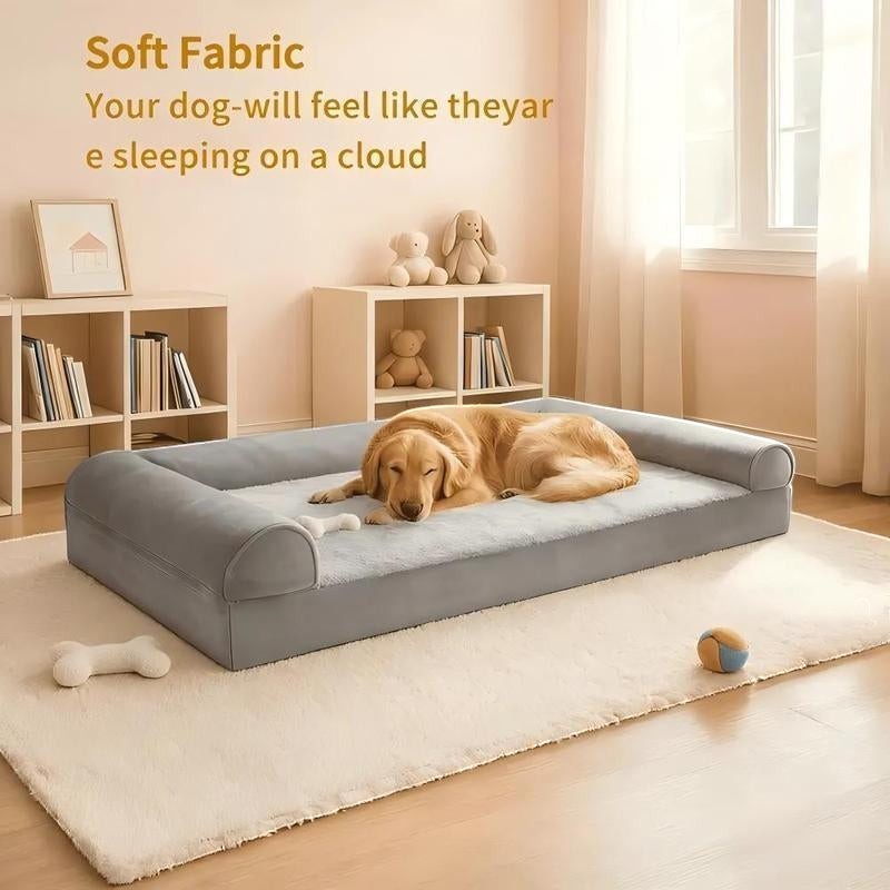 The Spoiled Pet Club gray orthopedic dog bed with plush bolster sides and a golden retriever sleeping on it.