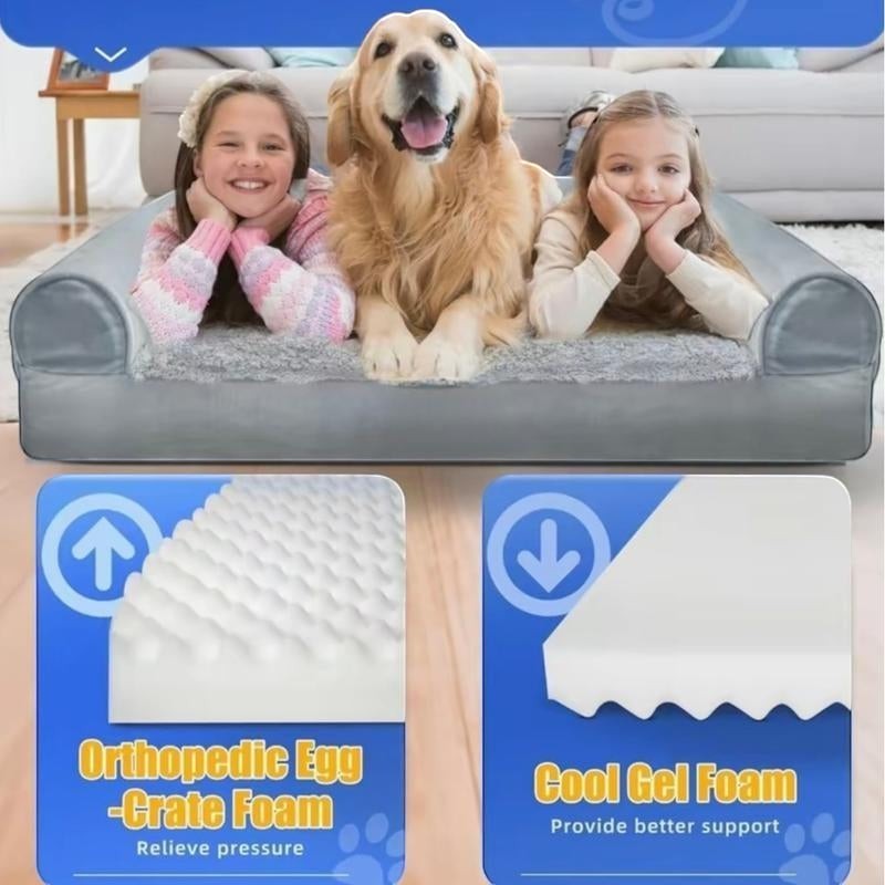 The Spoiled Pet Club gray orthopedic dog bed with plush bolster sides and a soft gray cushion, featuring a golden retriever and two children.