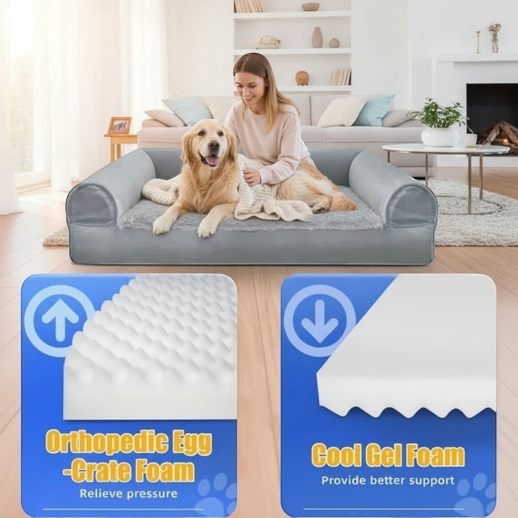 The Spoiled Pet Club Orthopedic Cloud Nap Bed in grey with bolstered sides, a golden retriever rests on it.