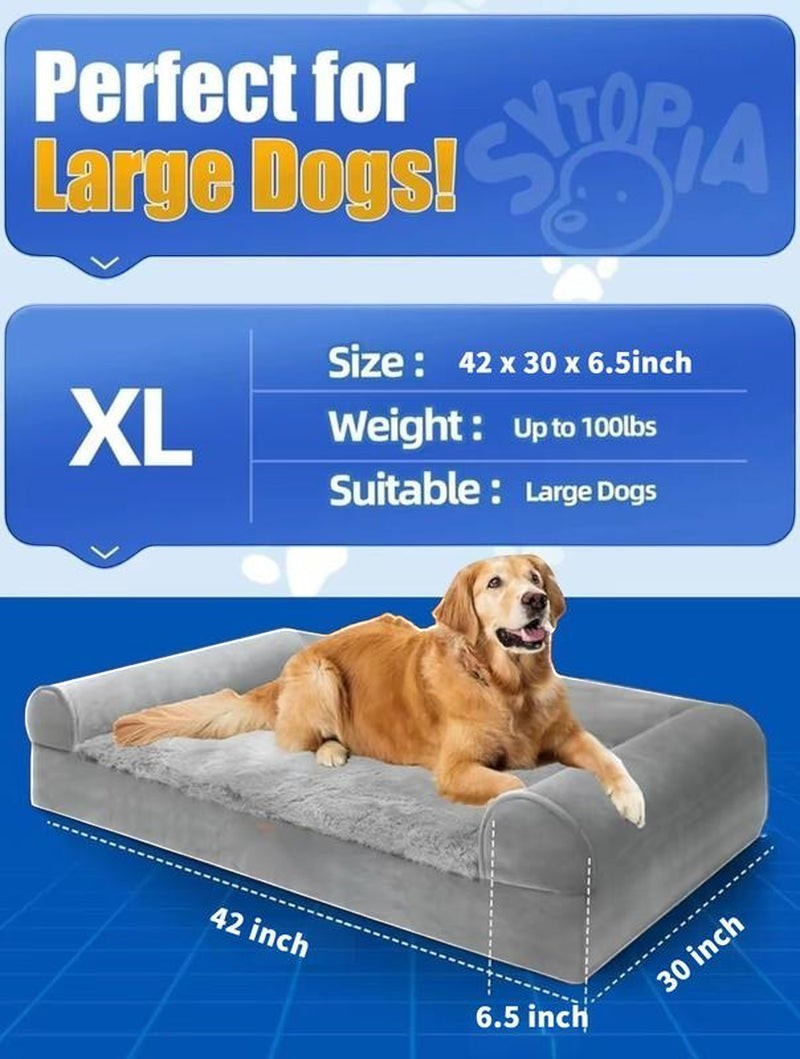 The Spoiled Pet Club Orthopedic Cloud Nap Bed, a grey plush sofa-style dog bed with bolstered sides and a soft grey cushion, perfect for large dogs.