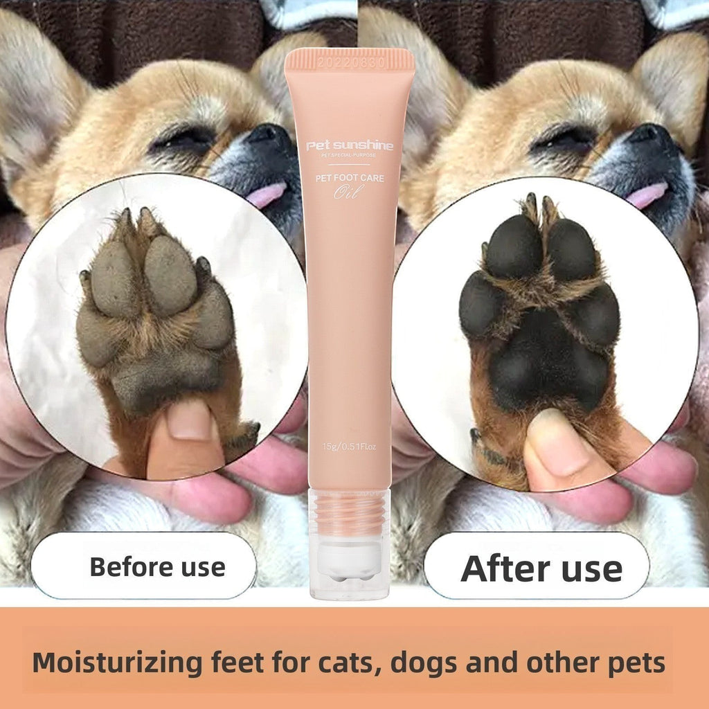 The Spoiled Pet Club Silken Step Paw Cream showing before and after results on a dog paw for moisturizing and repair