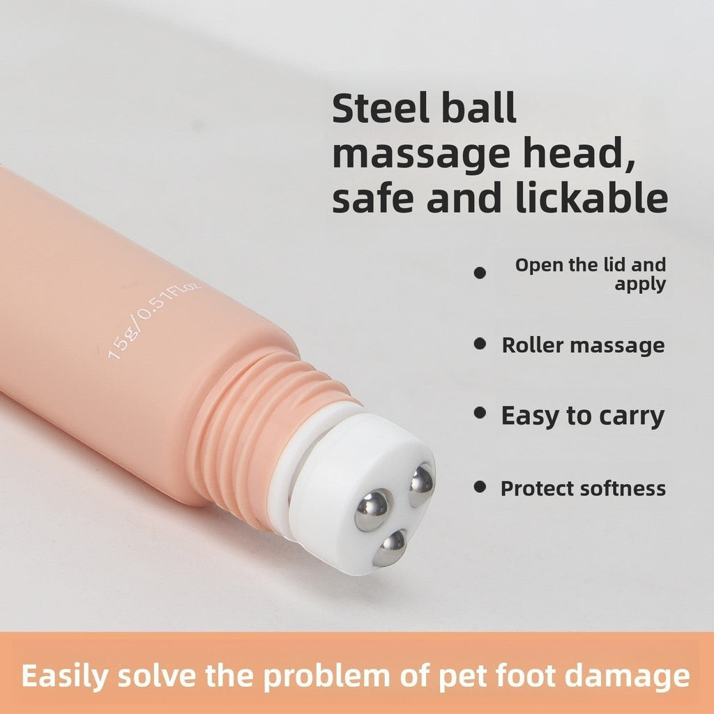 The Spoiled Pet Club Silken Step Paw Cream with a steel ball roller massage head for moisturizing pet paws.
