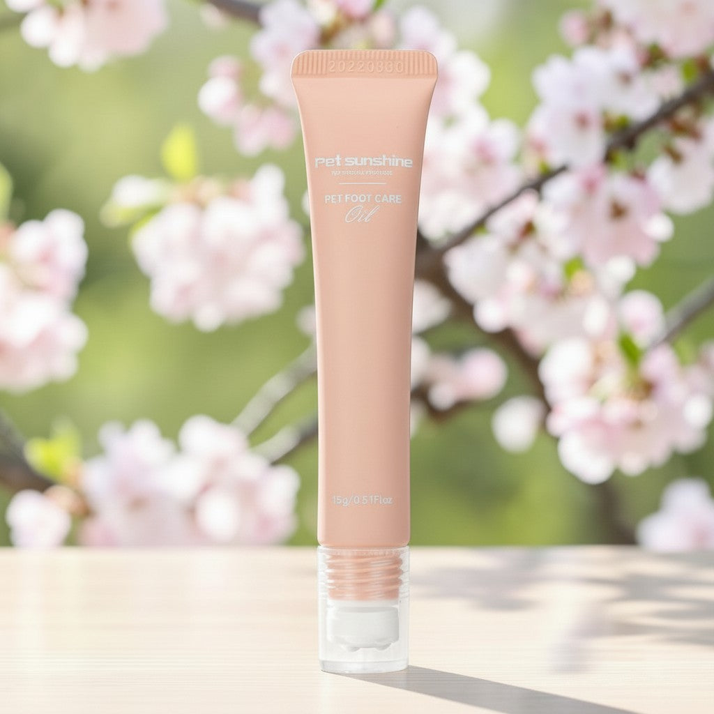 The Spoiled Pet Club Silken Step Paw Cream in a peach-colored tube against a soft-focus floral background.