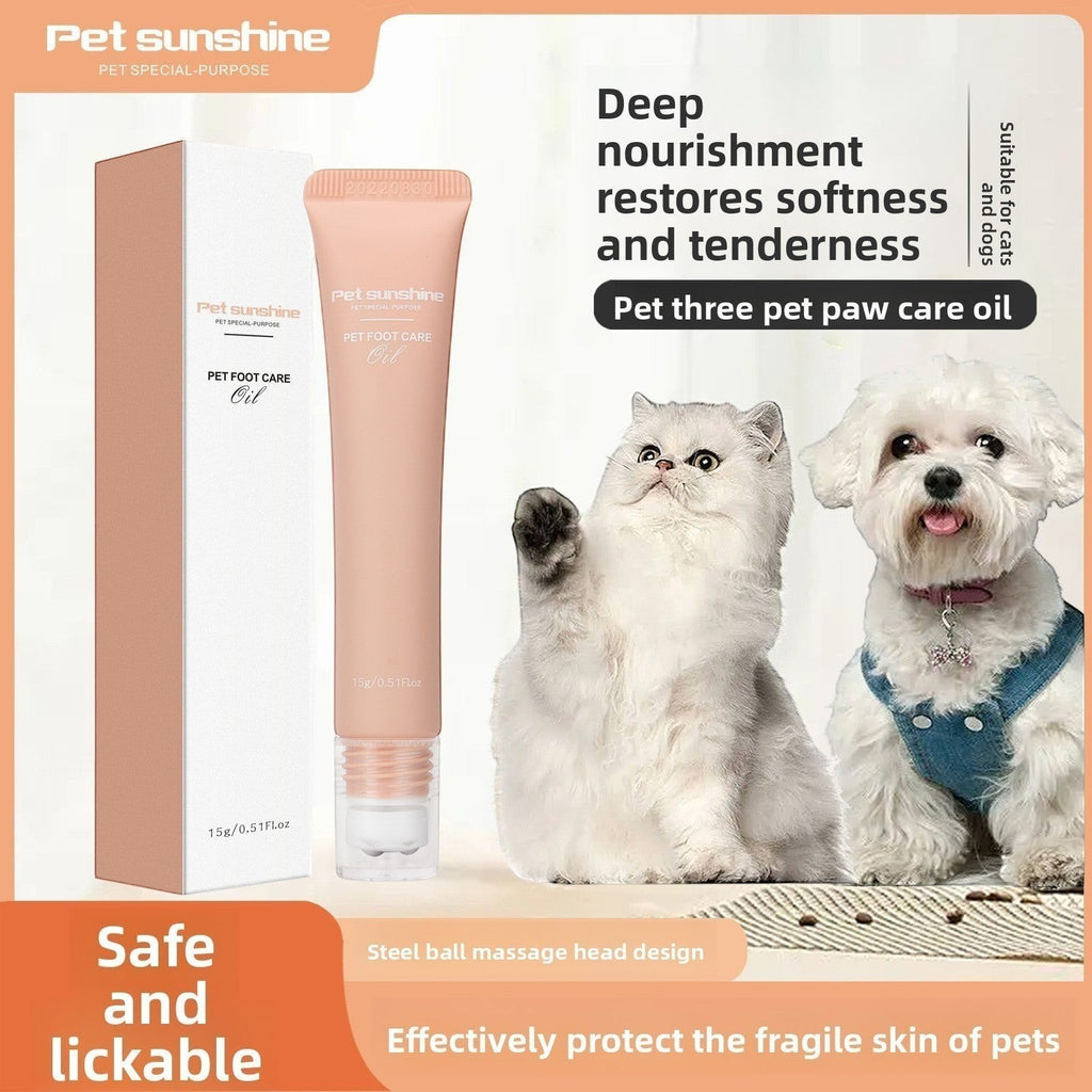 The Spoiled Pet Club Silken Step Paw Cream in a tube with a massage ball tip, next to a cat and a dog.