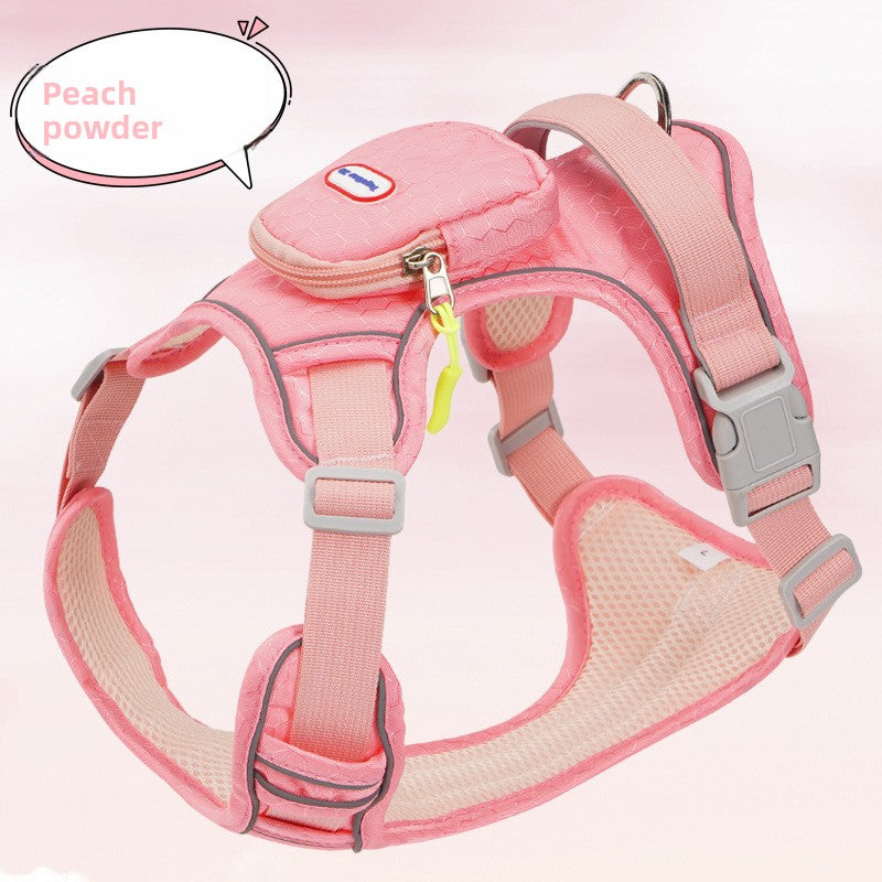 The Spoiled Pet Club peach powder reflective dog harness with a small storage pouch and adjustable straps.
