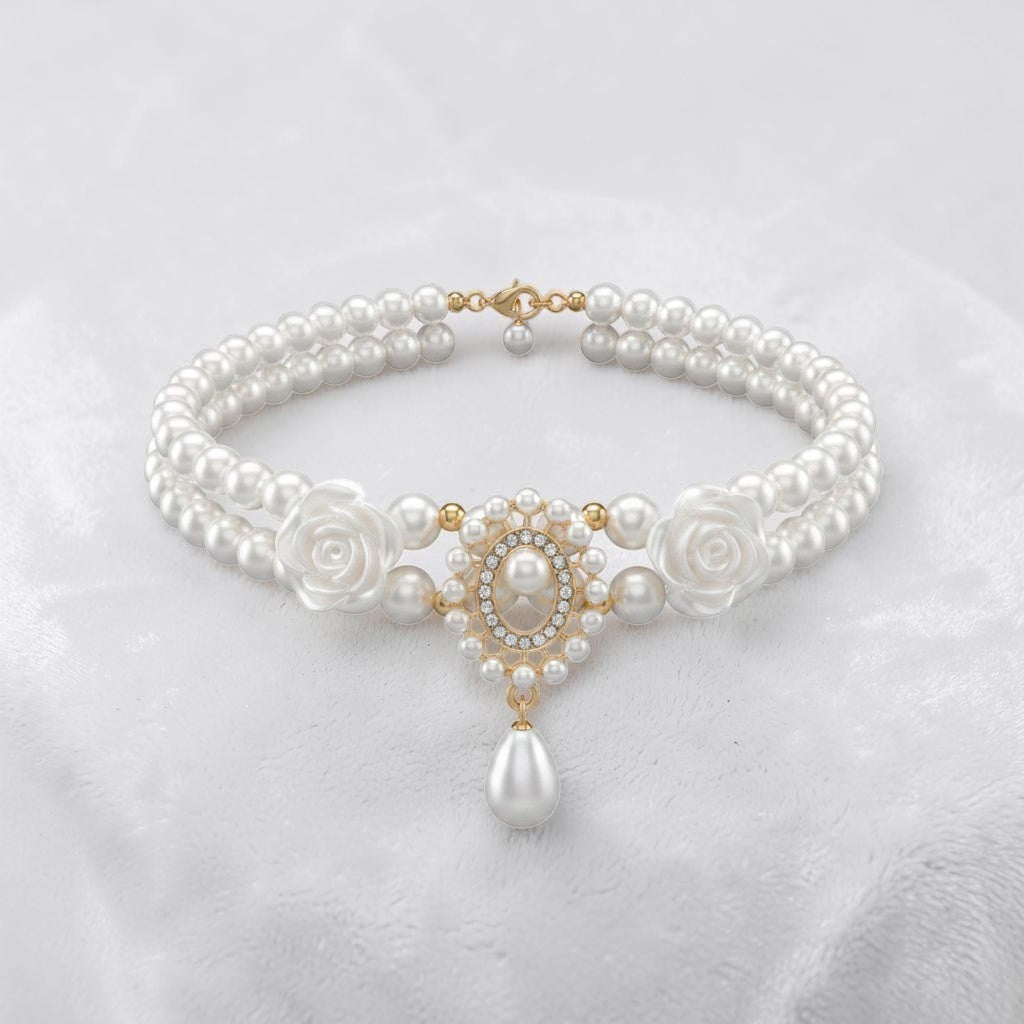 The Spoiled Pet Club double-layer vintage pearl cat collar with floral accents and a teardrop gemstone pendant.