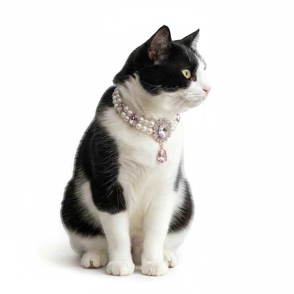 The Spoiled Pet Club Heiress pet collar featuring white pearls and a pink crystal pendant on a black and white cat