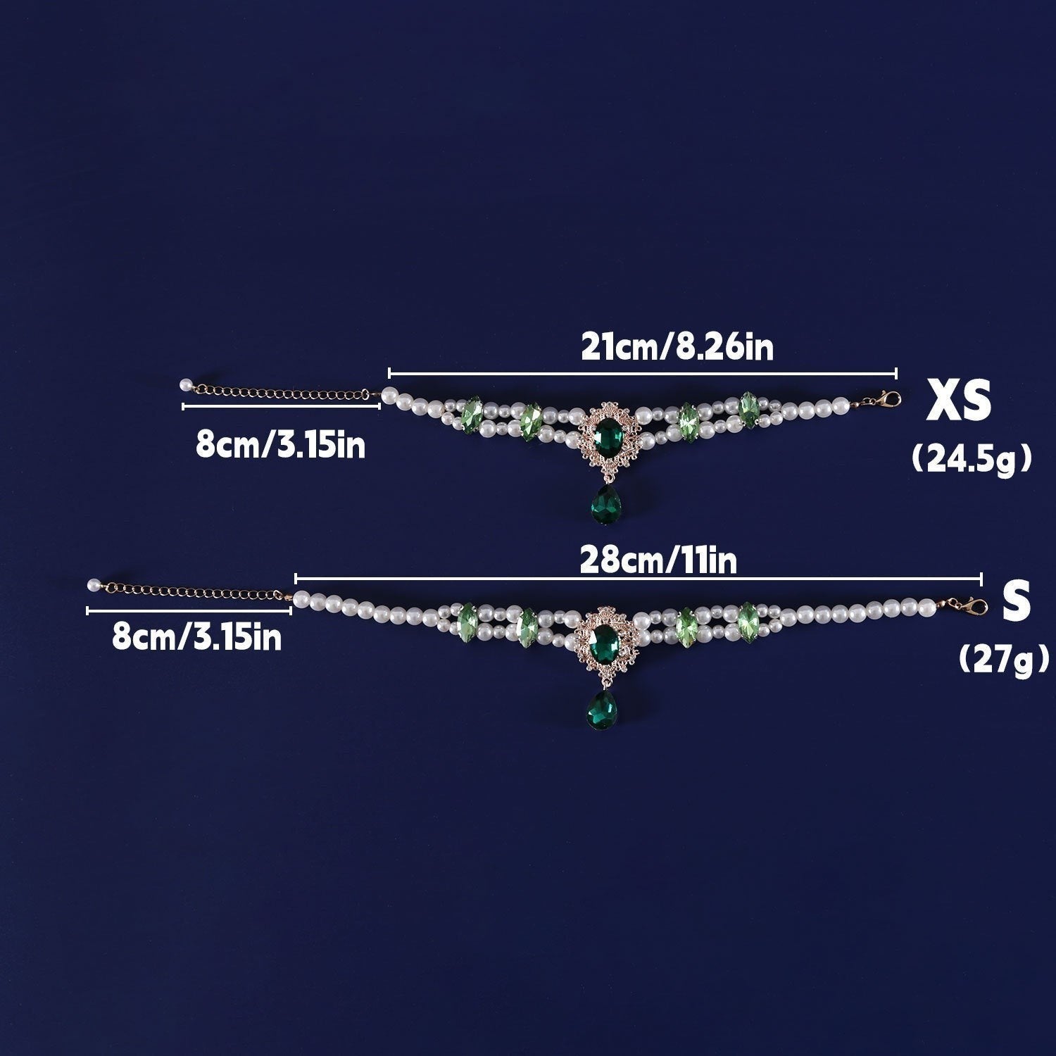 The Spoiled Pet Club Heiress pet collar with faux pearls, green crystal pendant, and adjustable sizing chart.