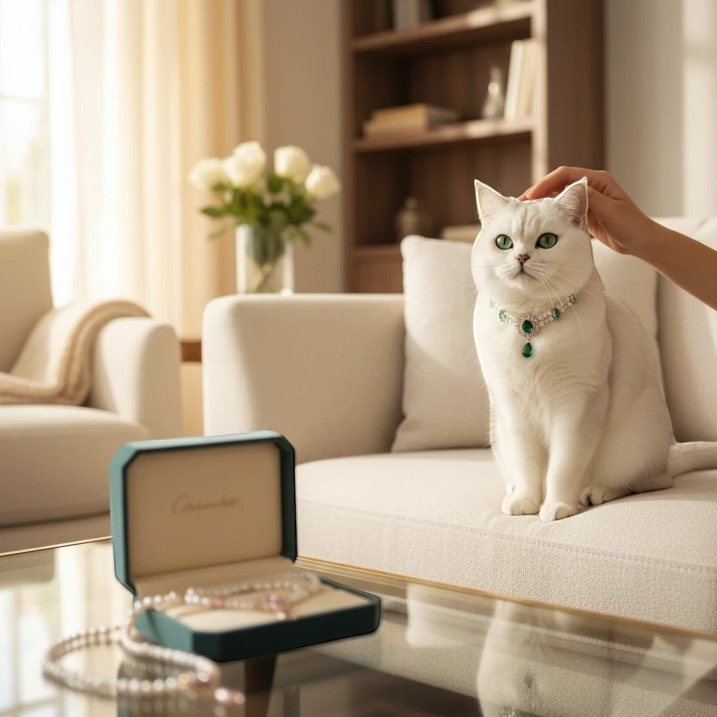 The Spoiled Pet Club Heiress pet collar featuring pearls and a green crystal pendant on a white cat