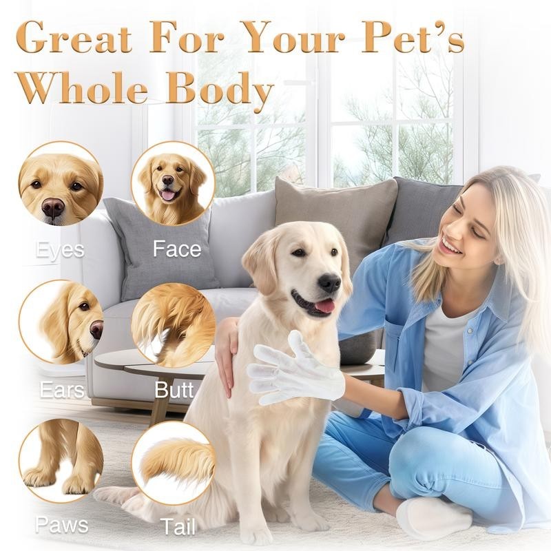 The Spoiled Pet Club Hypoallergenic Deodorizing Pet Bath Wipes for whole body cleaning, including eyes, face, ears, paws, tail, and butt.