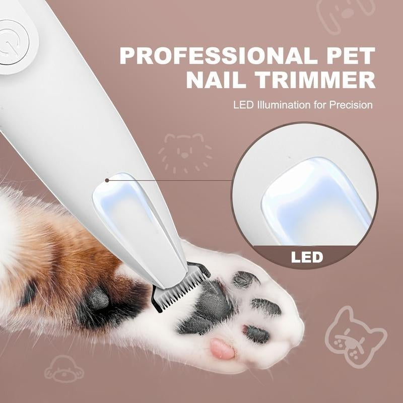 The Spoiled Pet Club professional pet nail trimmer with LED light for precision grooming on a cat's paw.