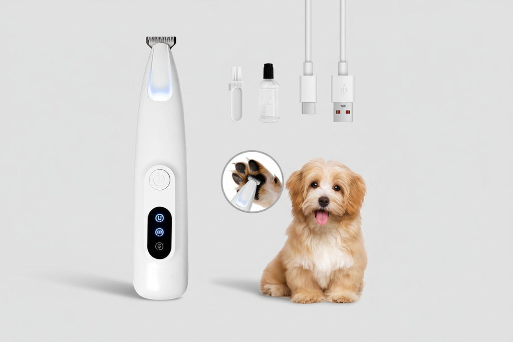 The Spoiled Pet Club white electric pet nail trimmer with LED light and USB charging cables, shown with a cute dog.
