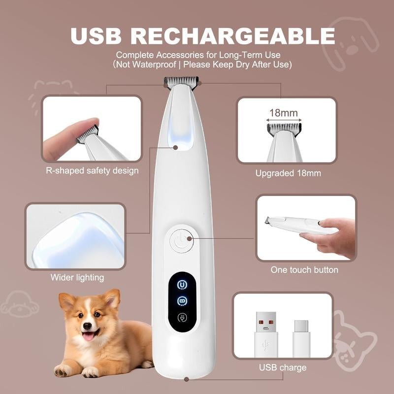 The Spoiled Pet Club white USB rechargeable pet grooming trimmer with LED light and R-shaped safety blade.