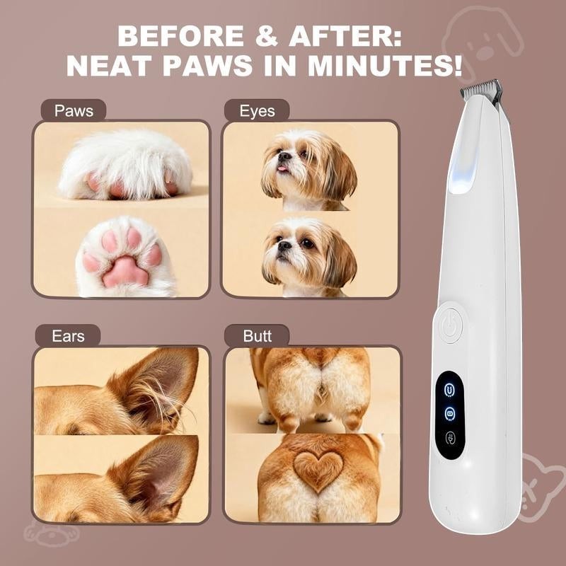 The Spoiled Pet Club white cordless pet grooming trimmer with LED light for paws, ears, face, and tail.